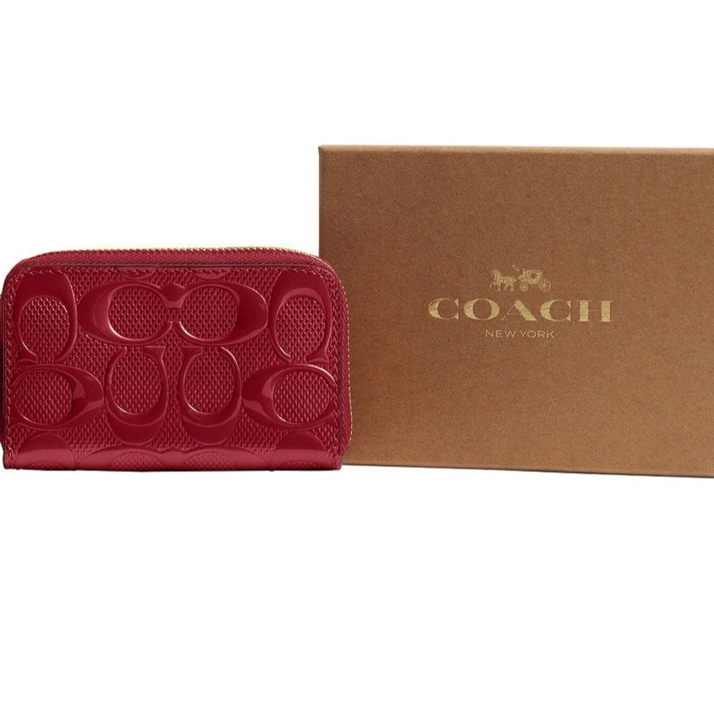 Coach Essential RED zip around card case wallet with signature embossed print